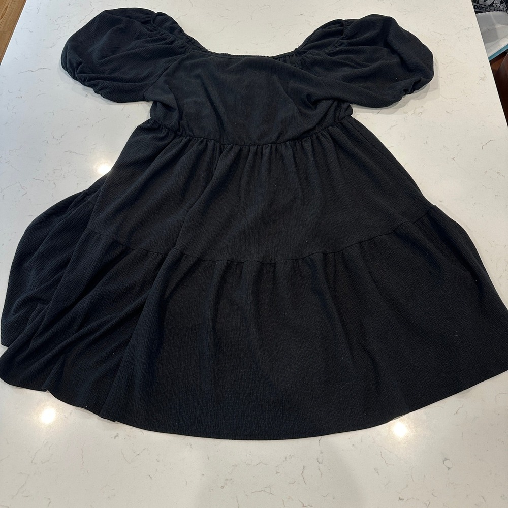 Black Puff Sleeve Babydoll Mini Dress Textured Tiered Off Shoulder 2XL